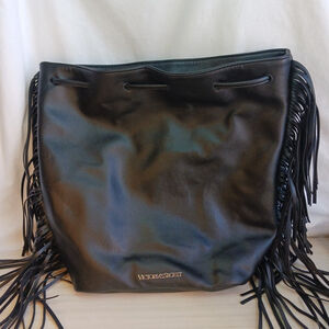 Victorias Secret Fringe Drawstring Faux Leather Backpack Tote Bag Black